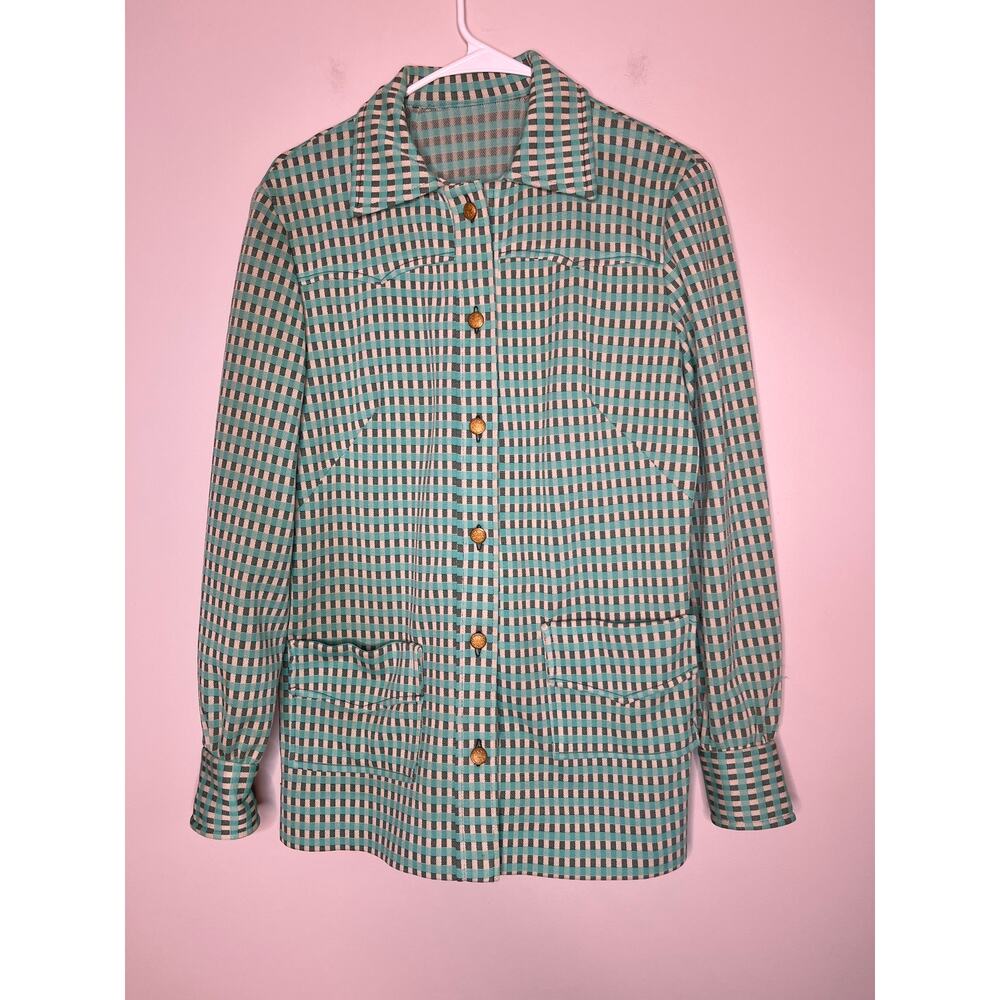 1970s Teal Green Mint Gold Tweed Disco Dagger Western Rodeo Button Up Shirt L